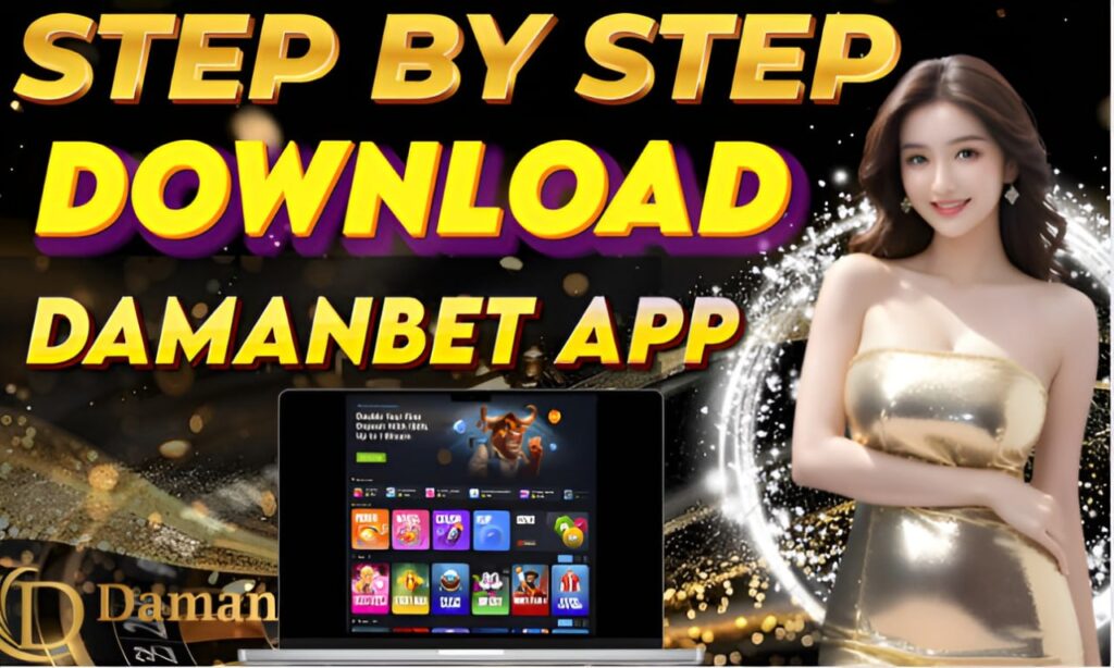 A picture of a woman showing how to download Damanbet.