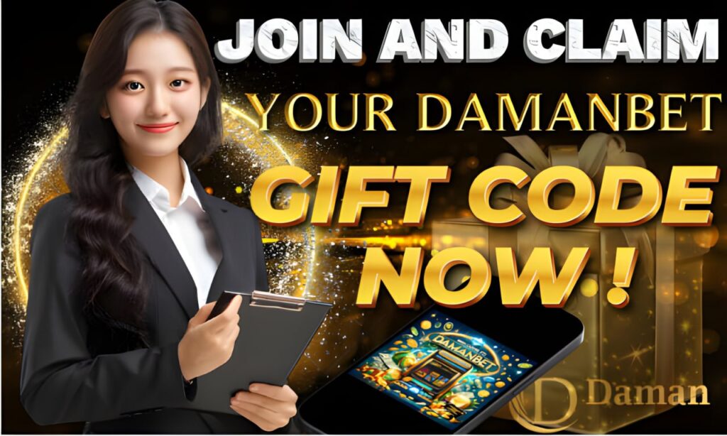 A picture of a woman and a cellphone showing an invitation to join Damanbet and get a Damanbet gift code.