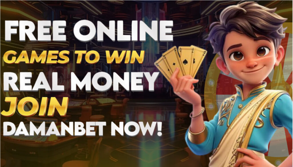 A picture of a man holding card games showing that free online games to win real money with no deposit can only be found on DamanBet.